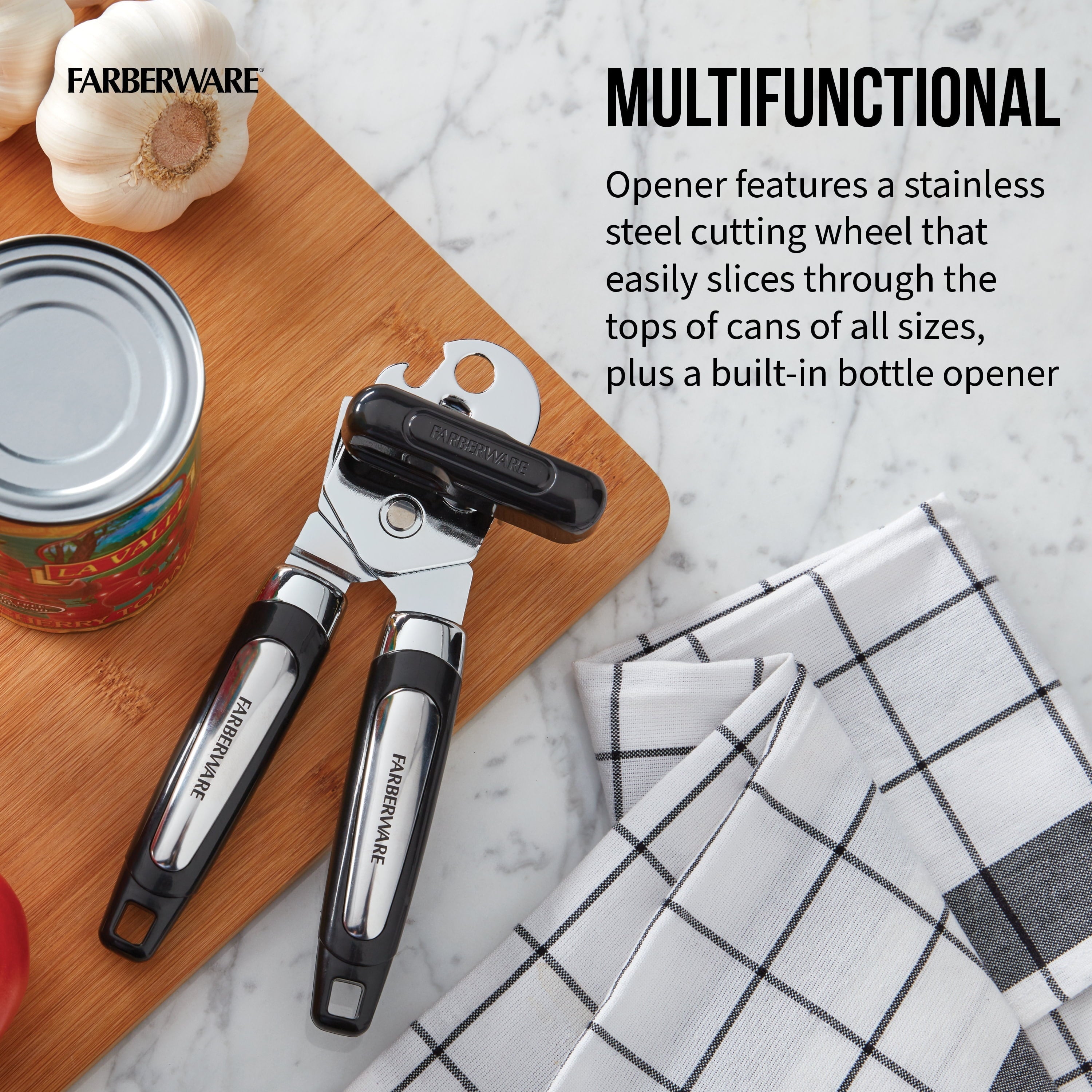 Professional Can Opener with Built in Bottle Opener in Black