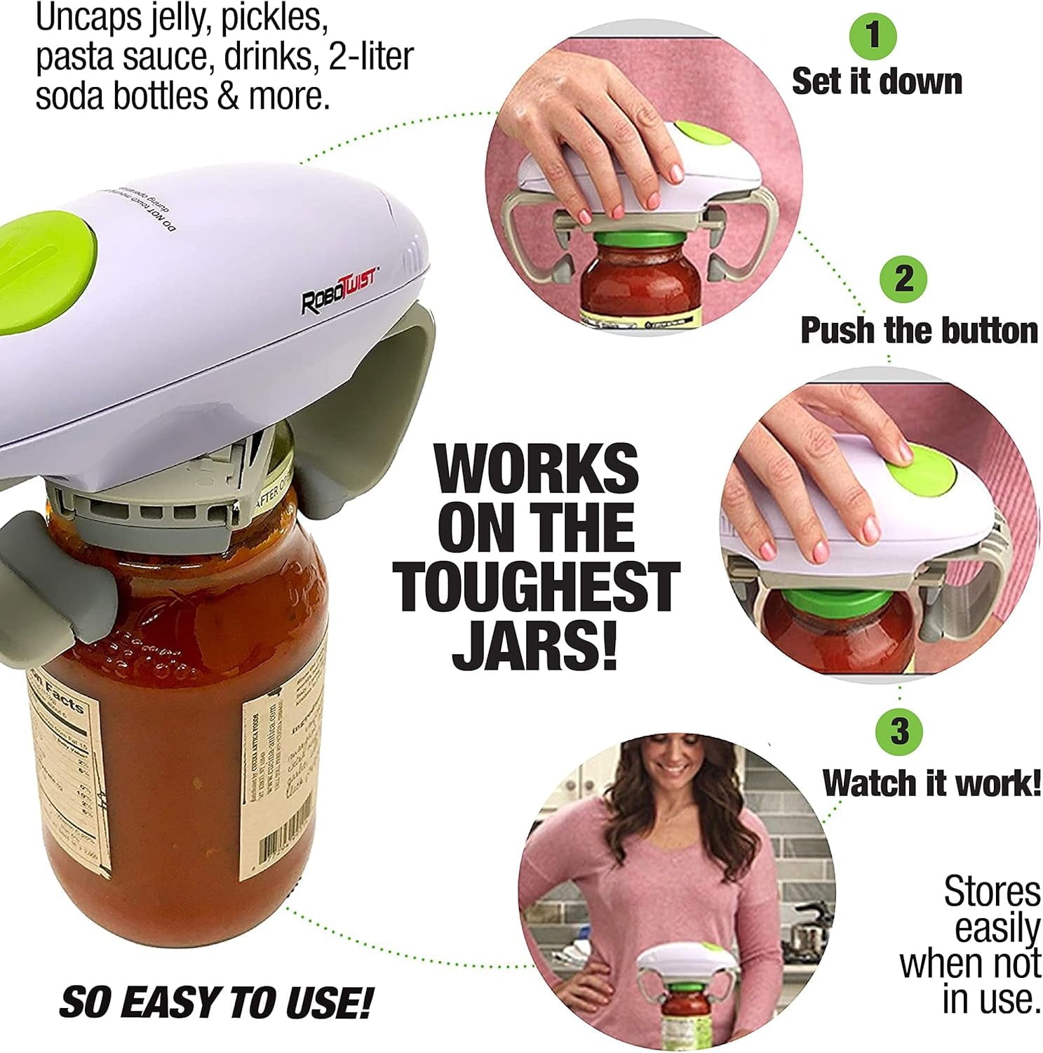 Electric Automatic Jar Opener for Seniors Arthritis One Touch for Jars of all Sizes As Seen on TV White, 2 ...