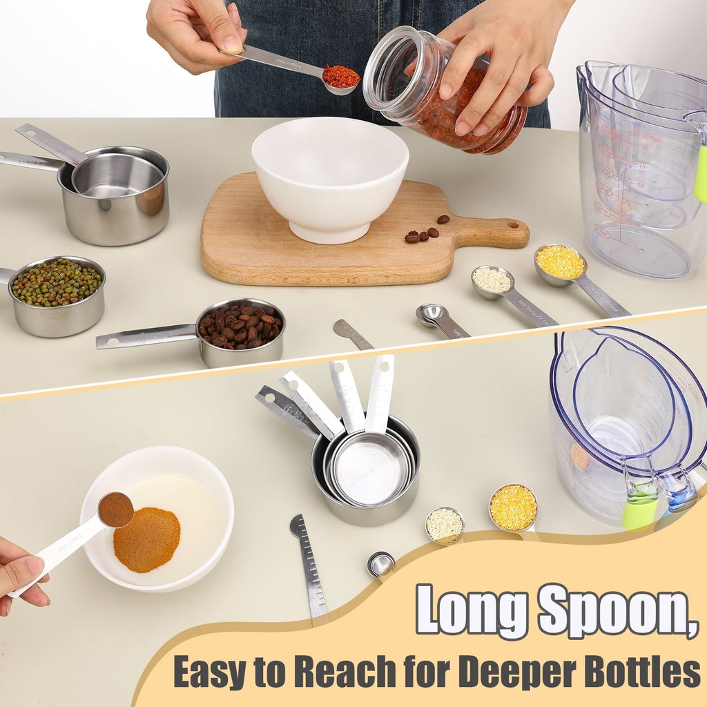 Square 14-Piece Measuring Cups and Spoons Set, Nesting Stainless Steel Measuring Cups Spoons with Plastic Measuring C...