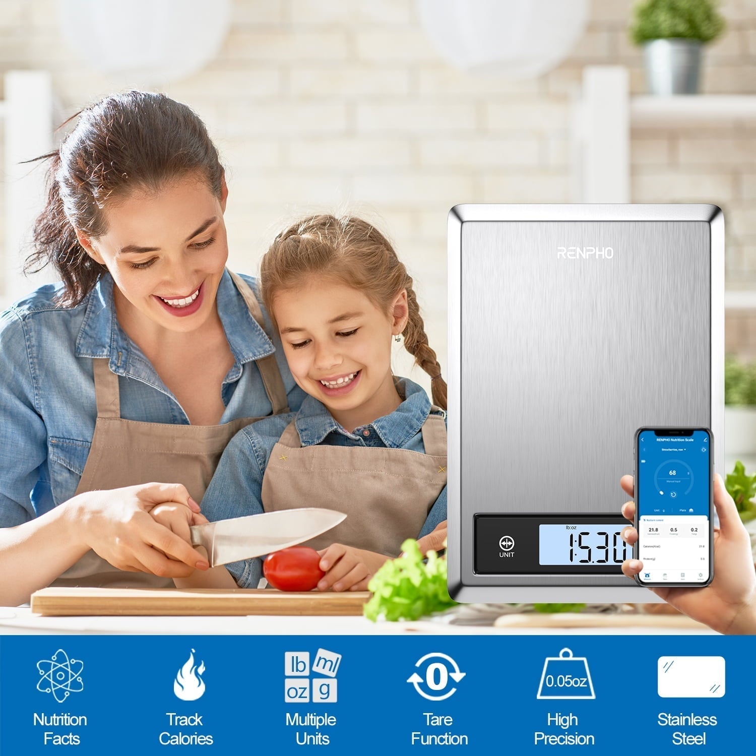 Digital Food Scale with App, Bluetooth Smart Kitchen Scale, Stainless Steel