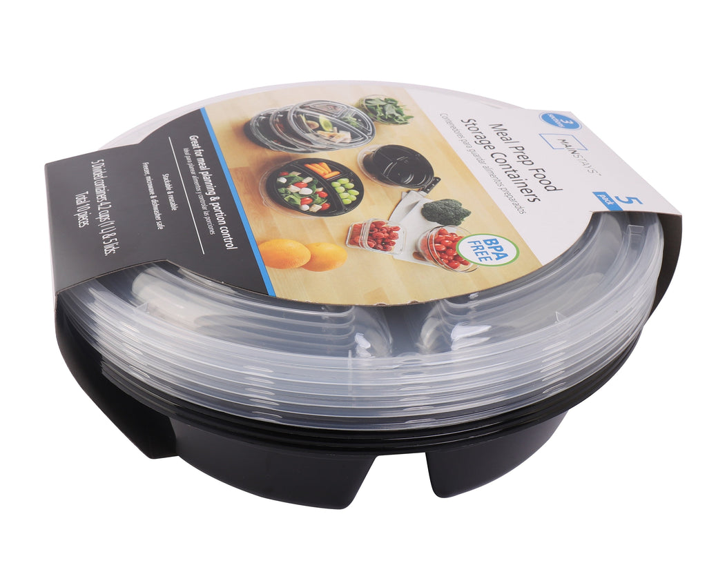 5-Pack Round Meal Prep Containers with 3 Compartments and Lids, 1L, BPA-Free, Microwave & Dishwasher Safe, Made for F...