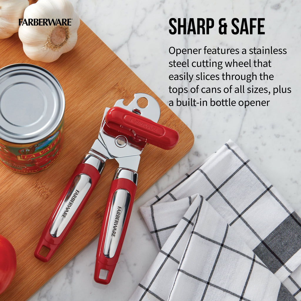 Professional Can Opener with Built-in Bottle Opener in Red
