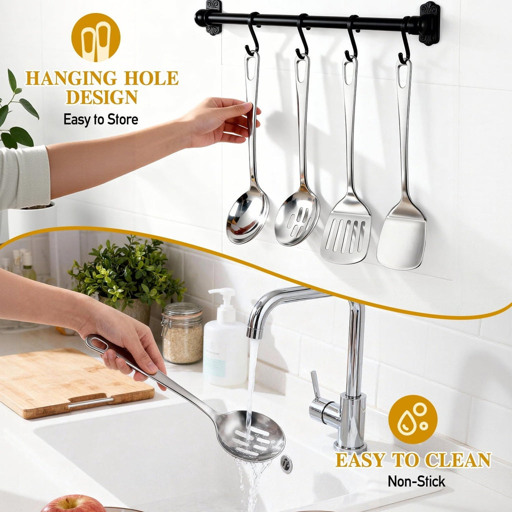 4 Pcs Cooking Utensils Set, Stainless Steel Kitchen Utensils, Kitchen Tools Set Include Solid & Slotted Turne...