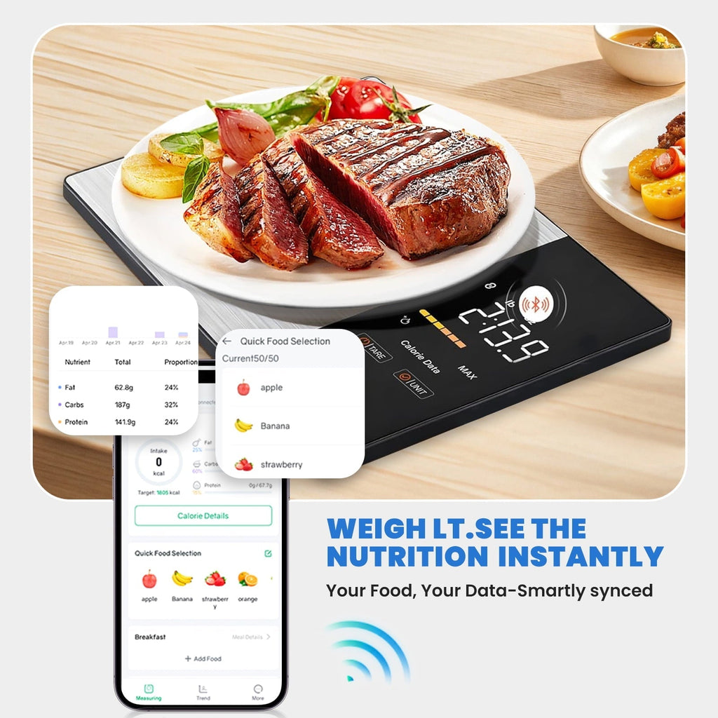 Food Scale with LED Touch Display, Tracks Calories, Fat, Carbs & Protein via App, 0.01oz Precision Di...
