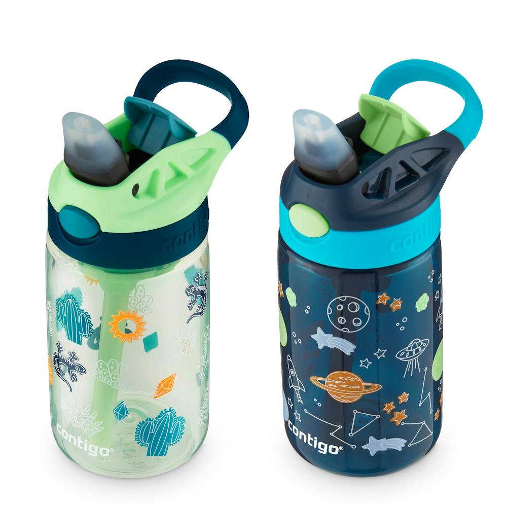 Contigo® Kids Water Bottle with Redesigned AUTOSPOUT® Straw, 14 oz, 2 pack - Cucumber Cacti & Blue Cosmos