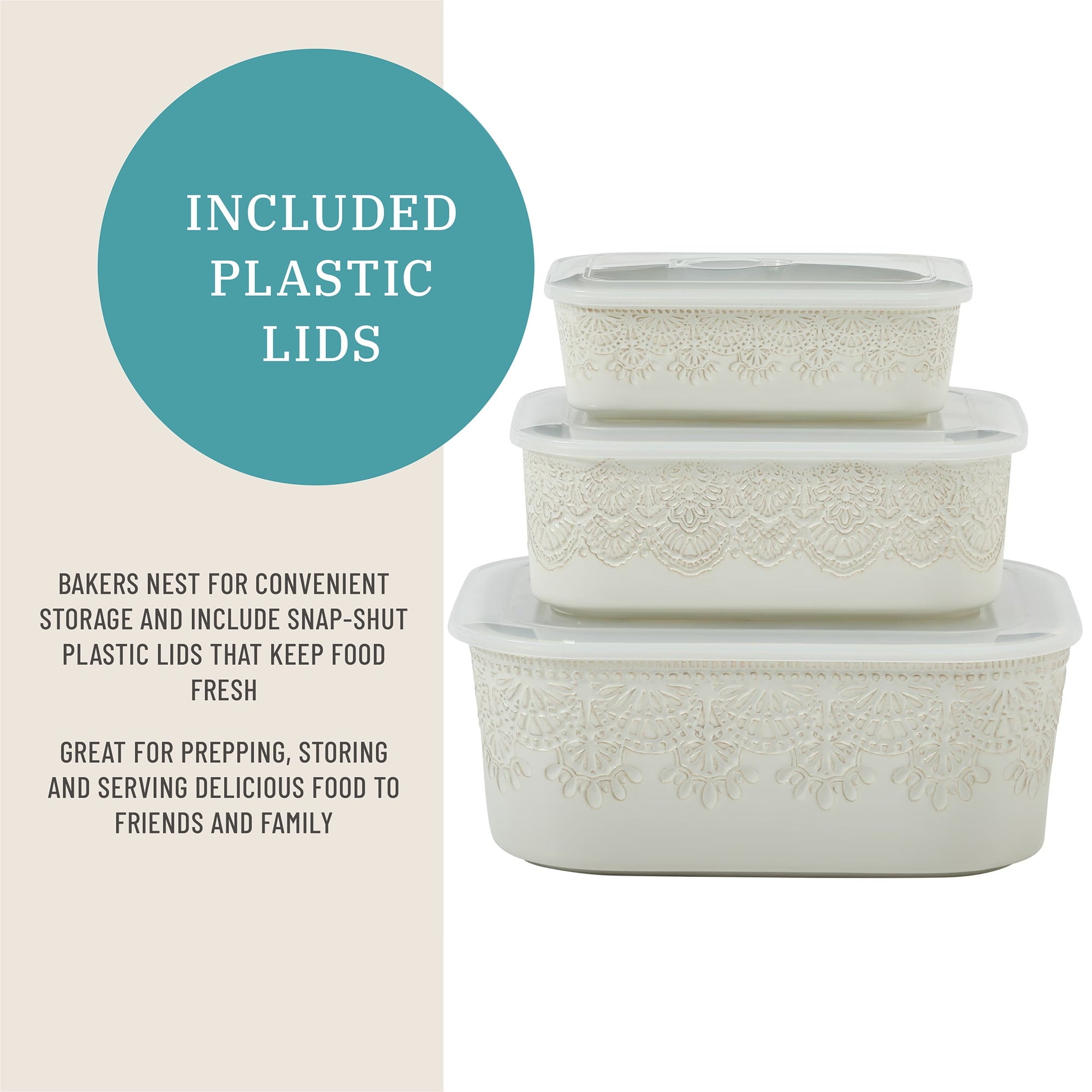 Vintage Lace 6-Piece Nesting Casserole Baking Dish Bakeware Set with Lids, Linen