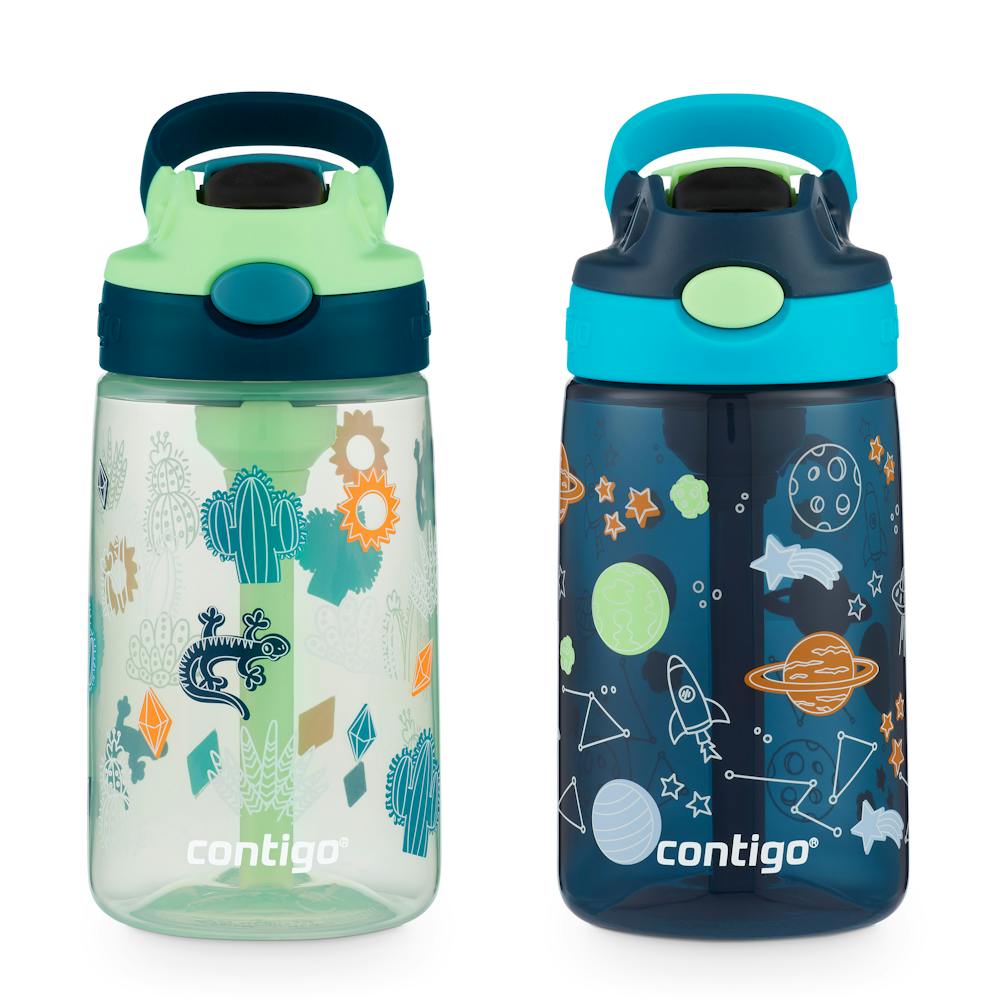 Contigo® Kids Water Bottle with Redesigned AUTOSPOUT® Straw, 14 oz, 2 pack - Cucumber Cacti & Blue Cosmos