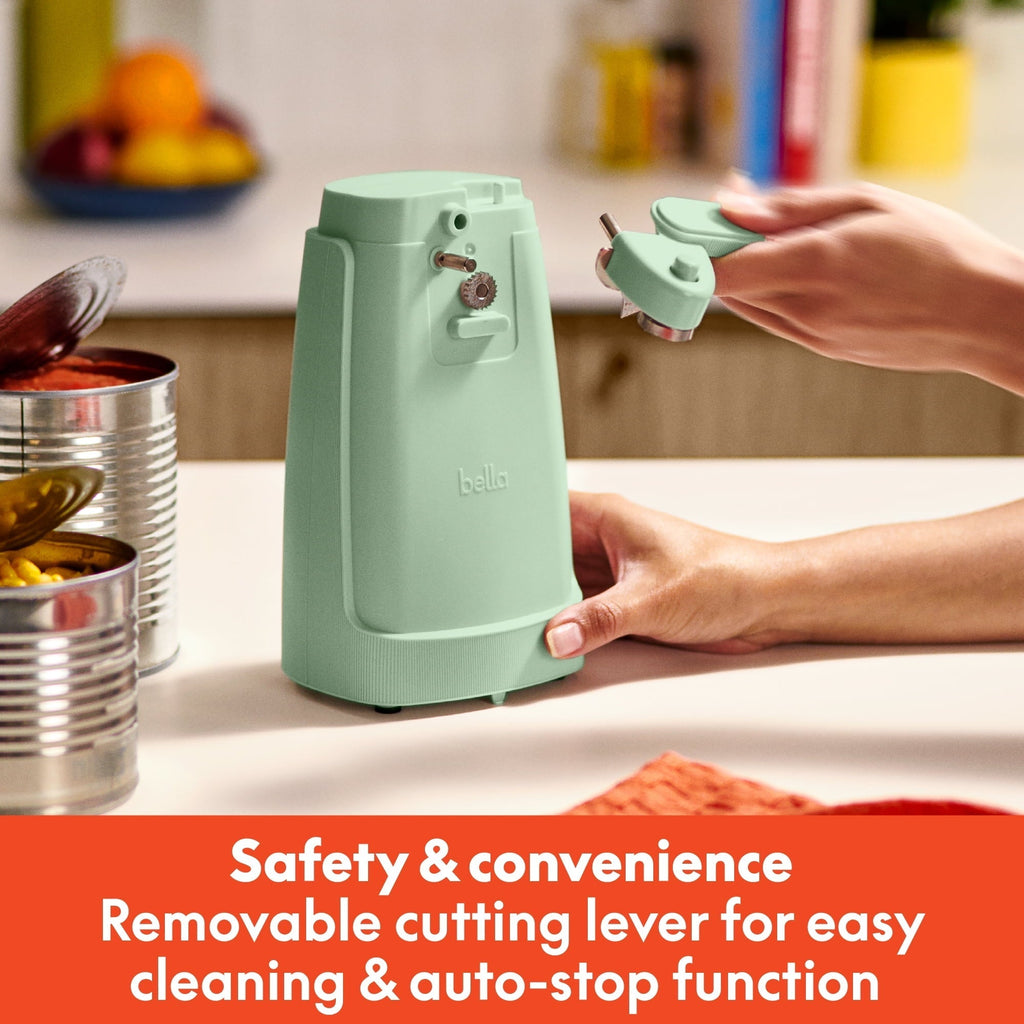 Electric Can Opener with Stainless Steel Cutting Blade and Cord Storage, Seaglass