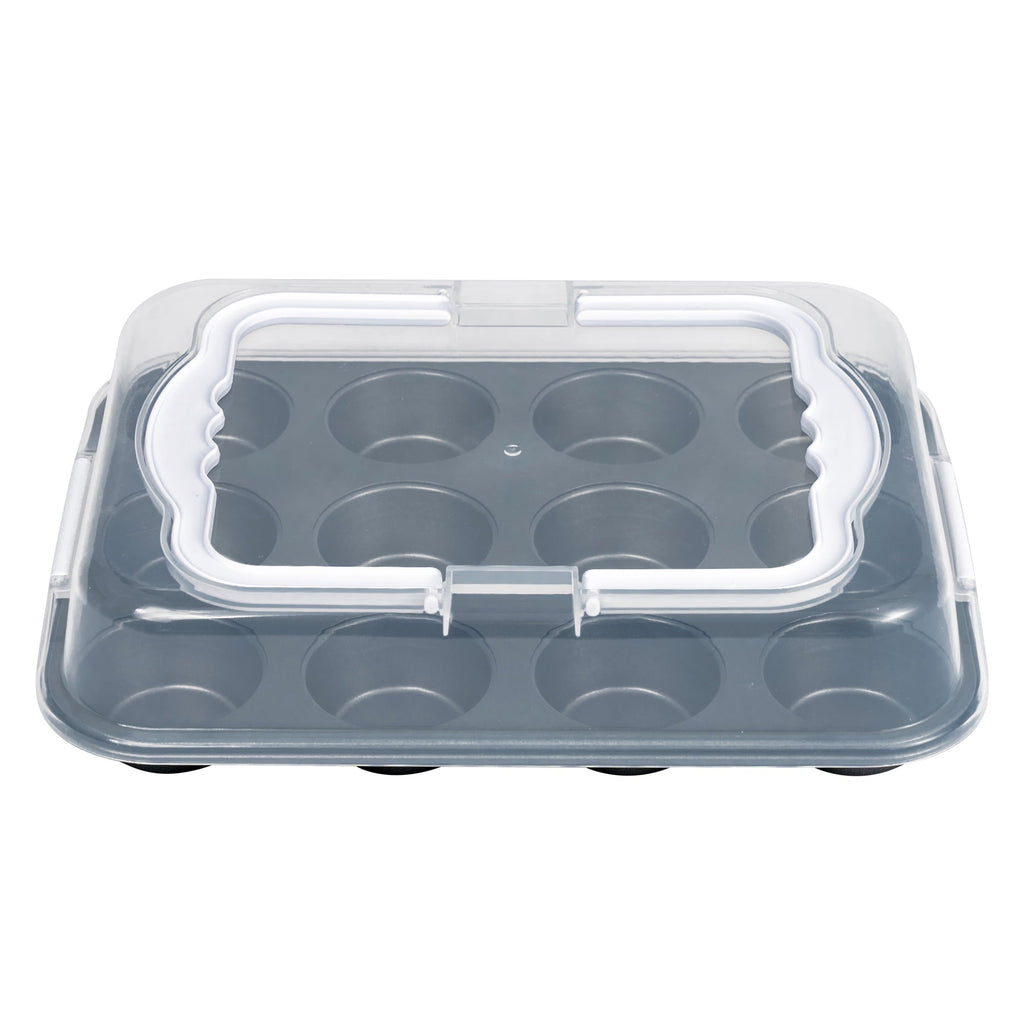 12 Cup Muffin Pan with Covered Carrier, Carbon Steel Bakeware, Plastic Cover