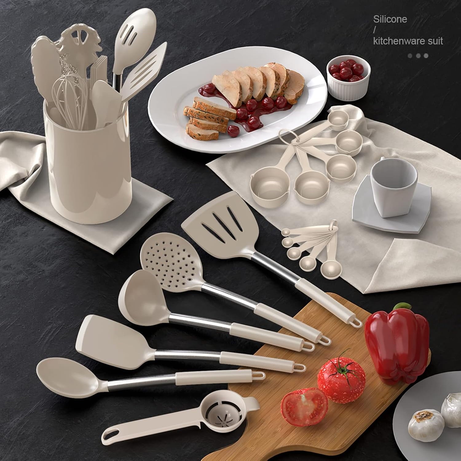 Large Silicone Cooking Utensils Set - Heat Resistant Kitchen Utensils,Turner Tongs,Spatula,Spoon,Brush,Whisk,Stainles...
