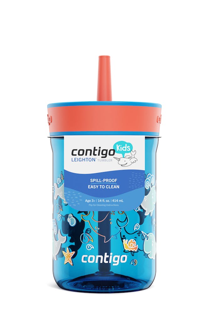 Kids’ Leighton Straw Tumbler with Spill-Proof Leak-Proof Lid, 14oz - Blue Poppy Coral & Narwhals