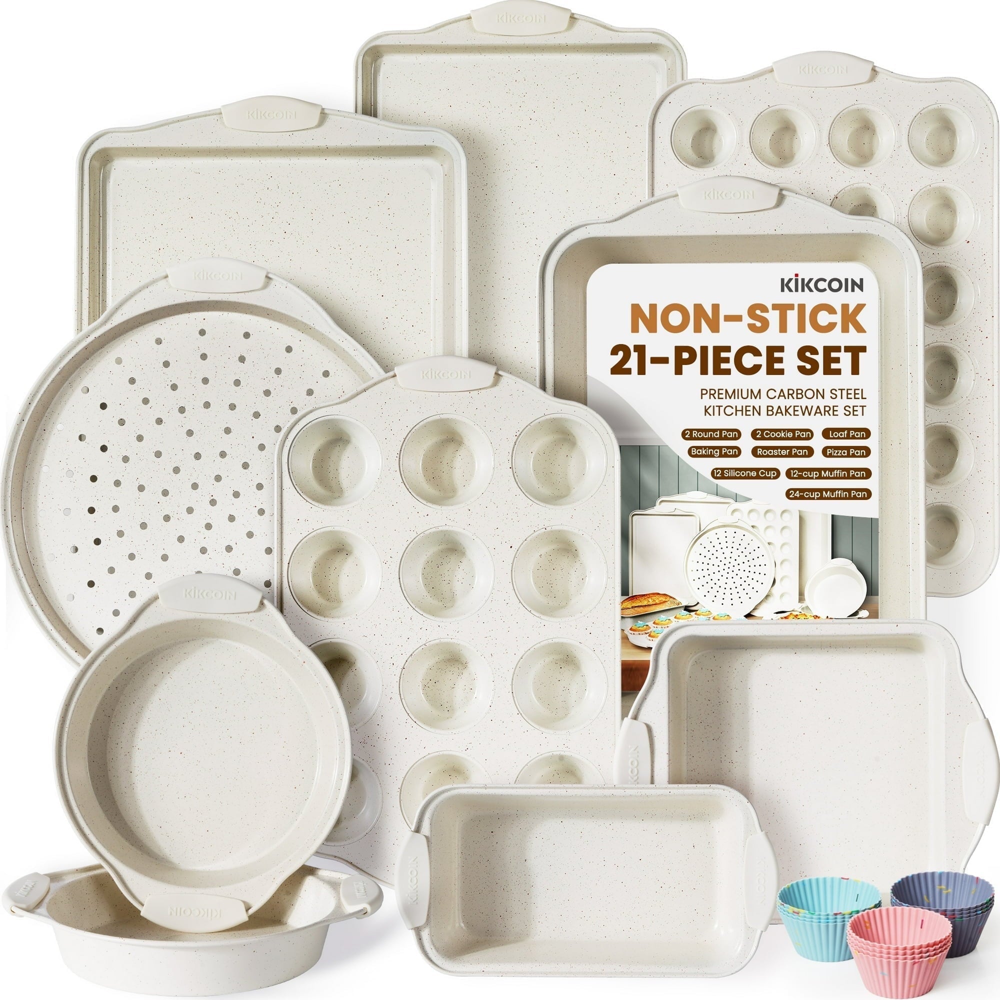 Bakeware Set, 21-Piece Baking Pans Set Kitchen Carbon Steel Baking Sheet Pans with Silicone Handles, Cookie S...