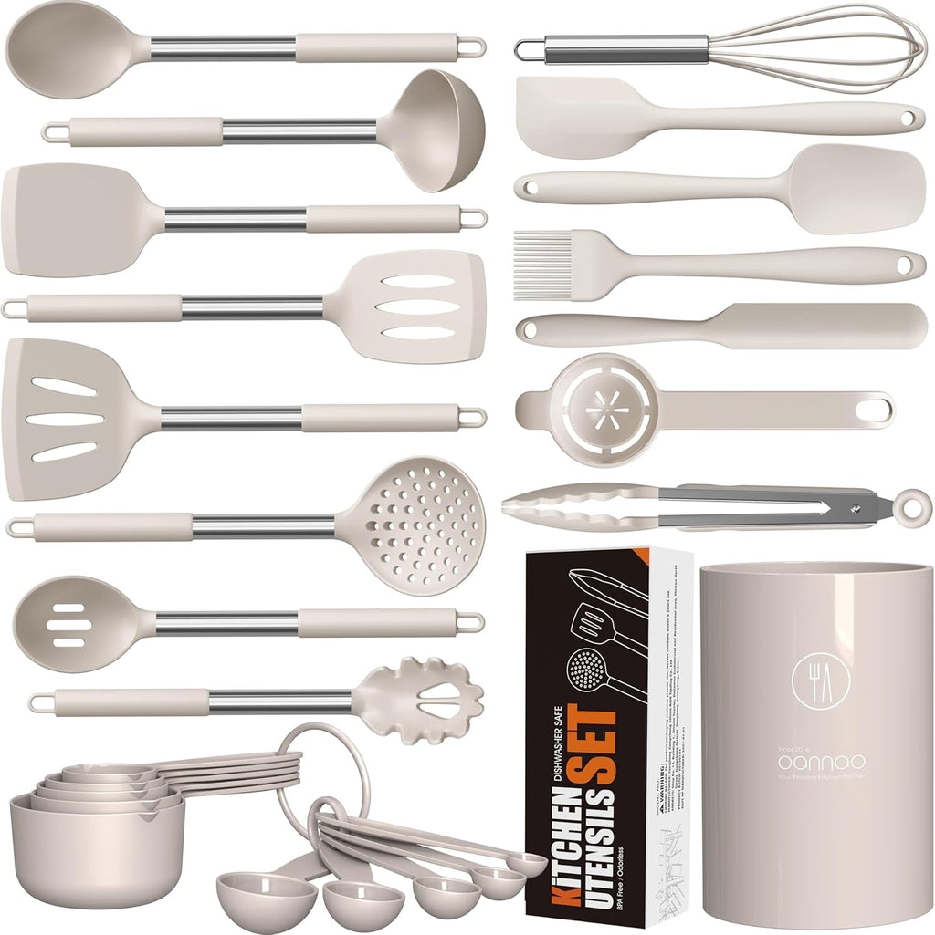 Large Silicone Cooking Utensils Set - Heat Resistant Kitchen Utensils,Turner Tongs,Spatula,Spoon,Brush,Whisk,Stainles...