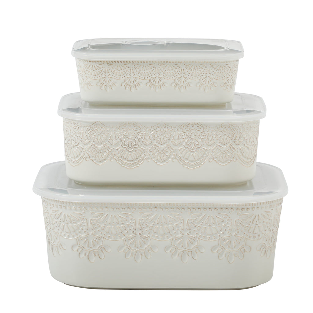 Vintage Lace 6-Piece Nesting Casserole Baking Dish Bakeware Set with Lids, Linen