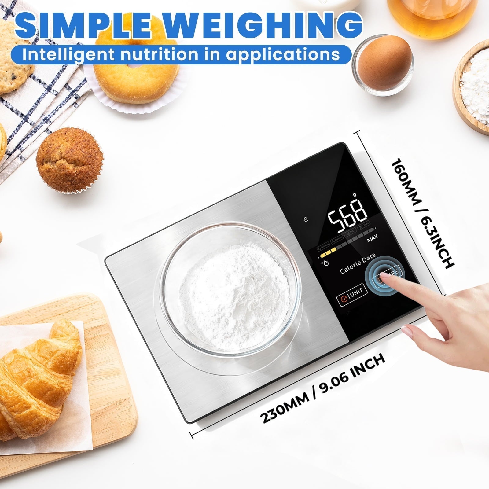Food Scale with LED Touch Display, Tracks Calories, Fat, Carbs & Protein via App, 0.01oz Precision Di...