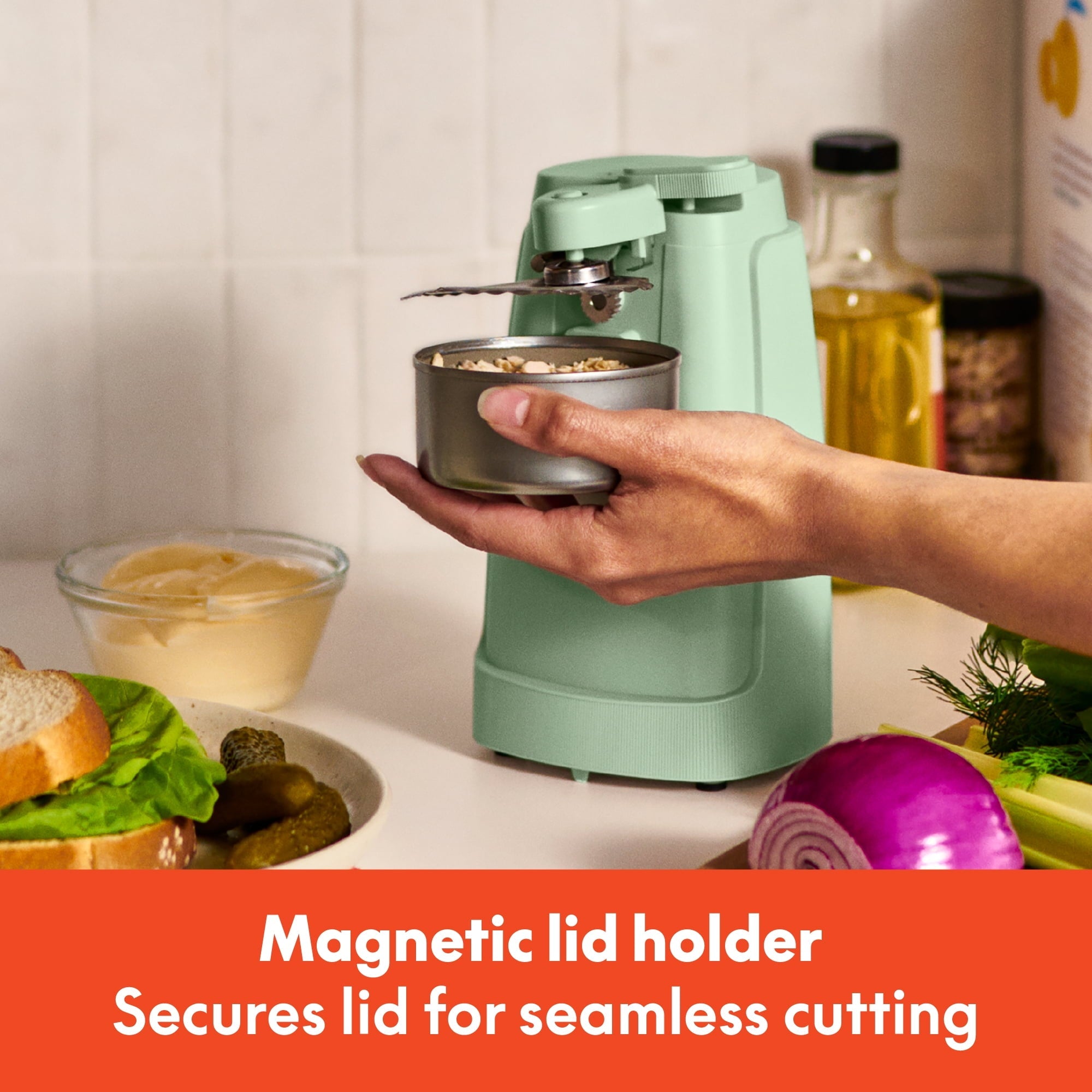 Electric Can Opener with Stainless Steel Cutting Blade and Cord Storage, Seaglass
