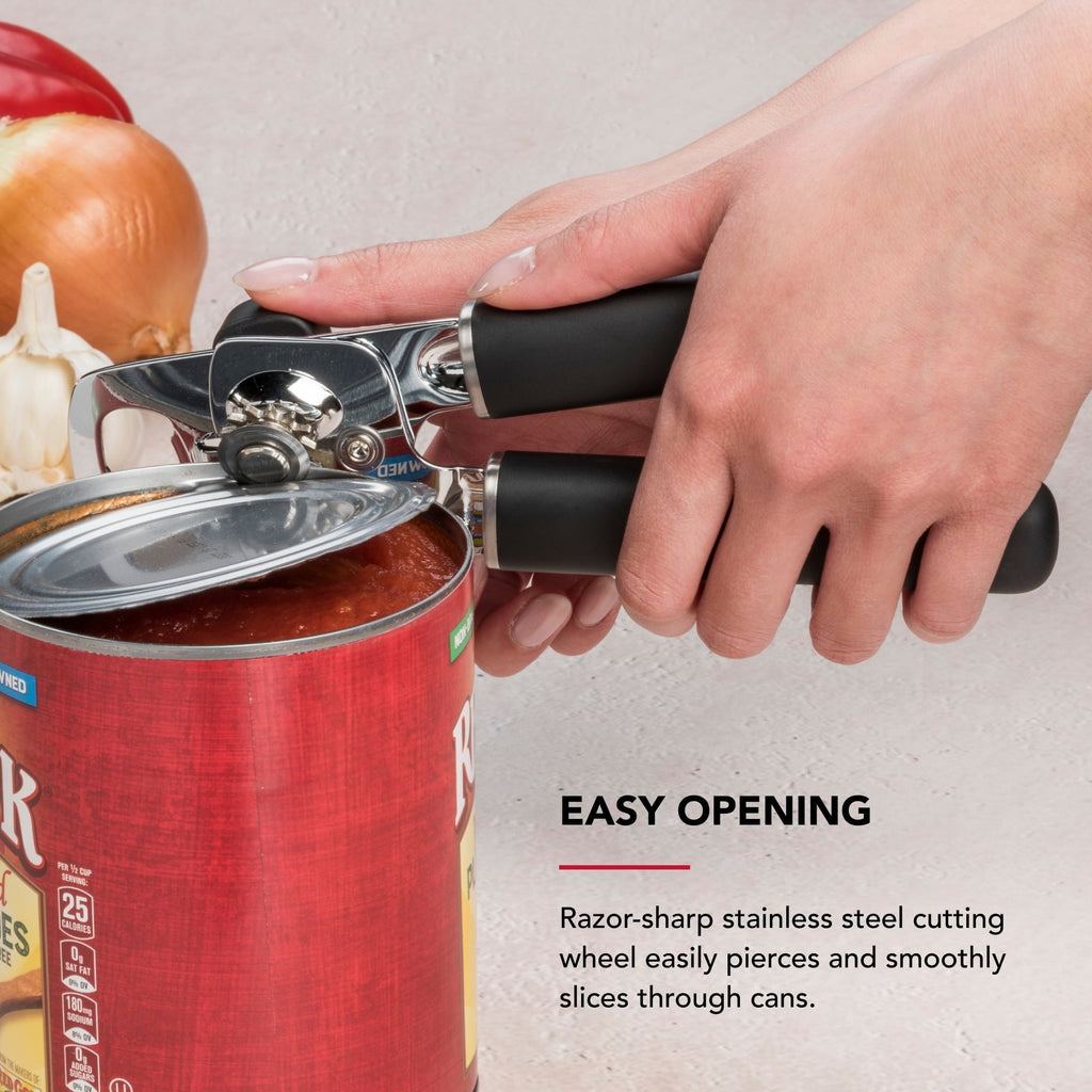 Stainless Steel Manual Can Opener with Bottle Opener and Ergonomic Grip, Black