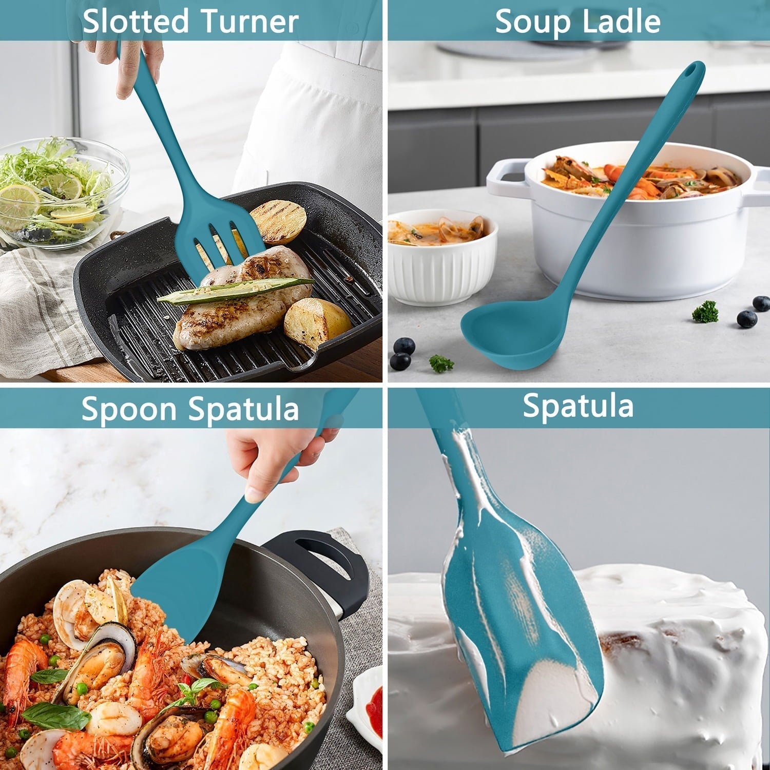 7-Piece Silicone Cooking Utensils Set, Blue Kitchen Utensils, Non-stick Gadgets Tools Include Slotted Turner, Soup La...