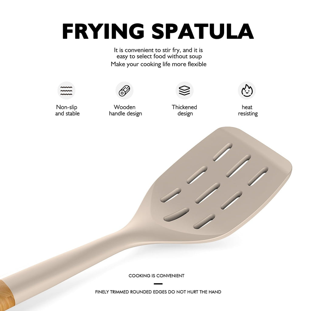 Large Silicone Cooking Utensils - Heat Resistant Kitchen Utensil Set with Wooden Handles, Spatula,Turner, Slotted Spo...