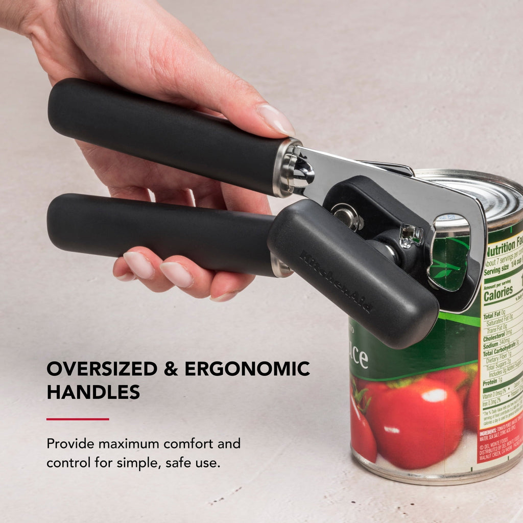Stainless Steel Manual Can Opener with Bottle Opener and Ergonomic Grip, Black